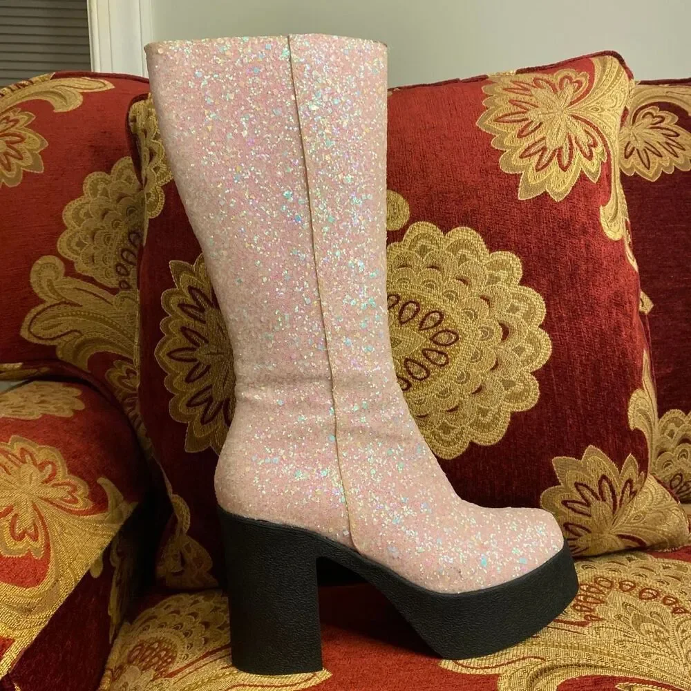 y2k rave inspired pastel pink glittery knee high chunky platform boots LaModa